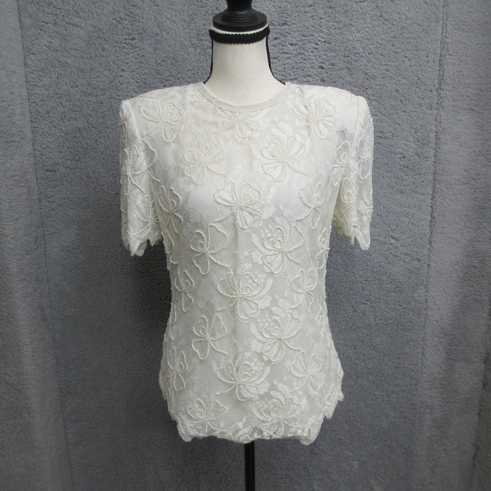 Vintage Beaded Lace Blouse M White Floral Wedding Coquette Fairycore Cottagecore